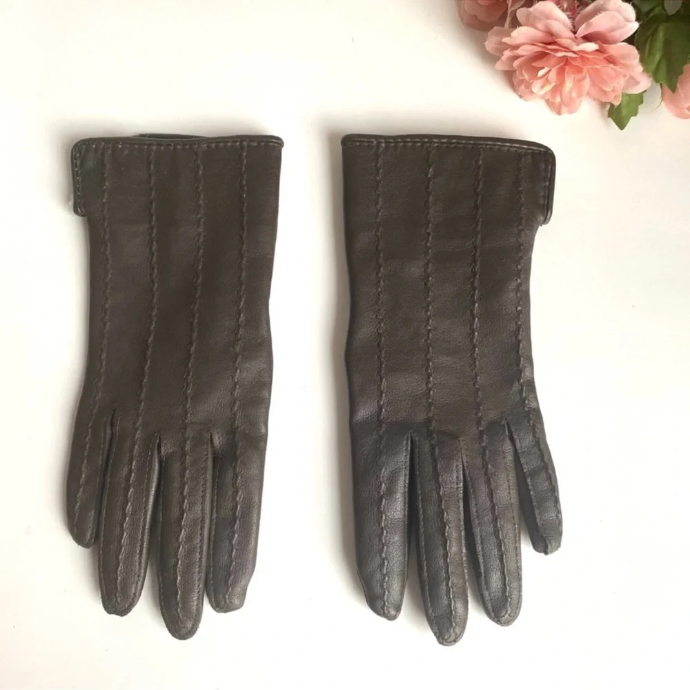 Vintage Brown Nylon Rabbit Fur Lined Gloves